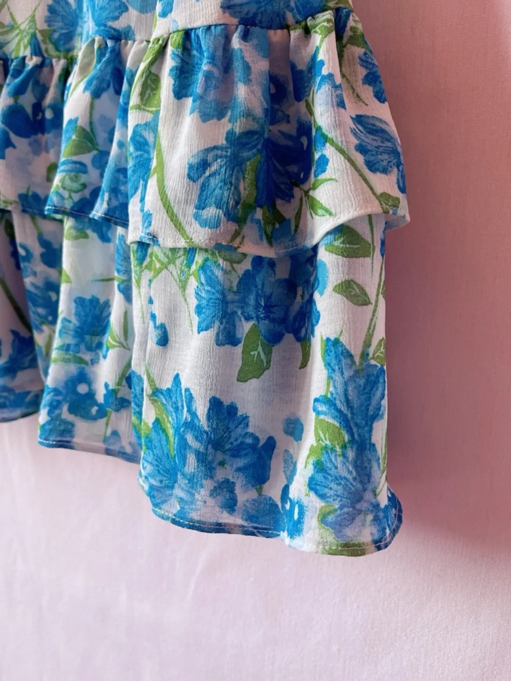 Lulus Glorious White and Light Blue Floral Print Ruffled Mini Dress 💐🩵🌿 - Picture 9 of 11